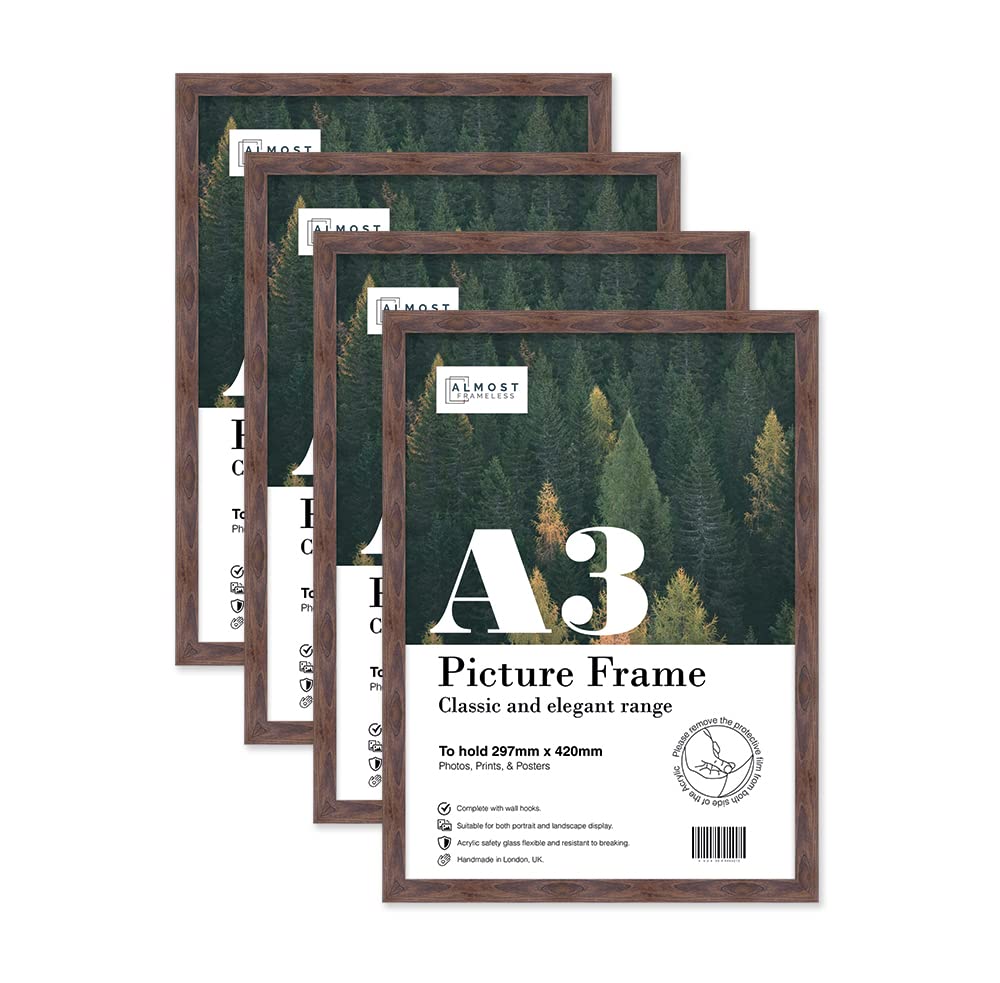 Almost Frameless A3 Walnut Picture Frame Set of 4, Display A3 Picture Gallery Wall, Poster, Photo, Artwork, or Print, Walnut