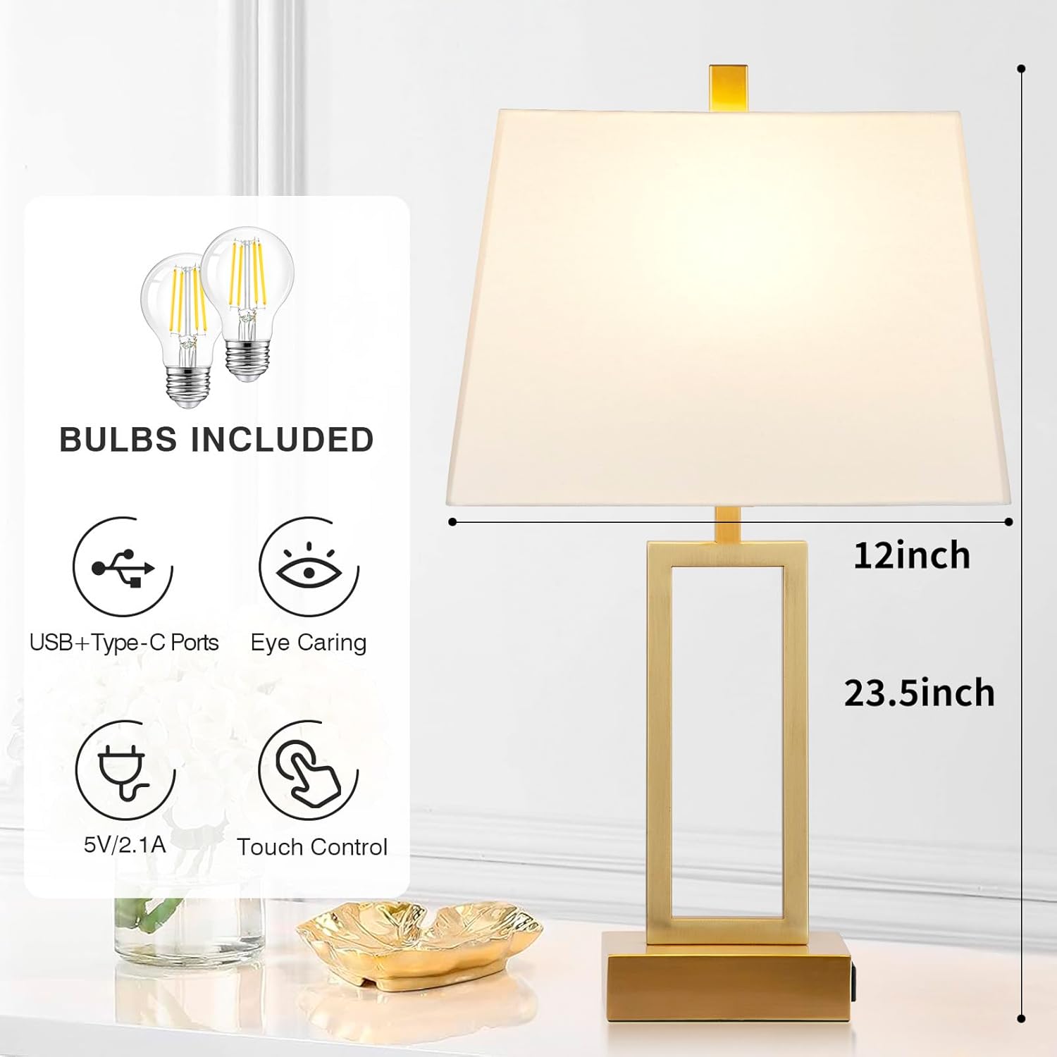 Gold Touch Control Table Lamps Set with Linen Shades