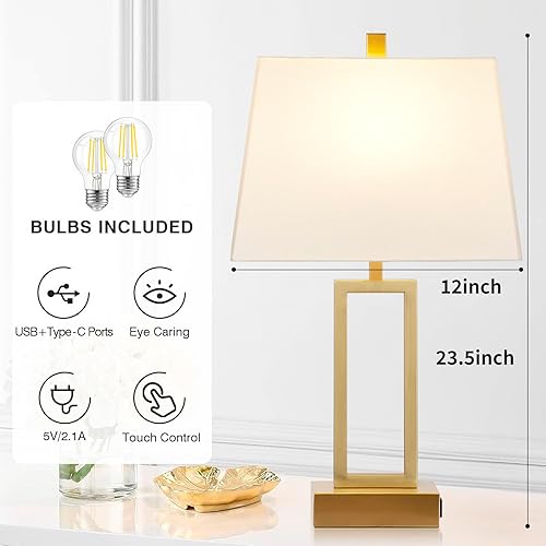 Miniatura 4 de Touch Control Table Lamps Set of 2, Modern Gold Bedside Lamps with USB A+C Ports & AC Outlet, 3 Way Dimmable Contemporary Nightstand Lamps for