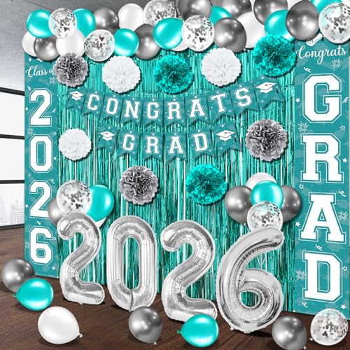 Image of Graduation Party Decorations Class of 2026, Graduation Decorations with Congrats Grad Banner Fringe Foil Curtain Paper Flower Ball Balloons for High School College Graduation Party Supplies, Teal