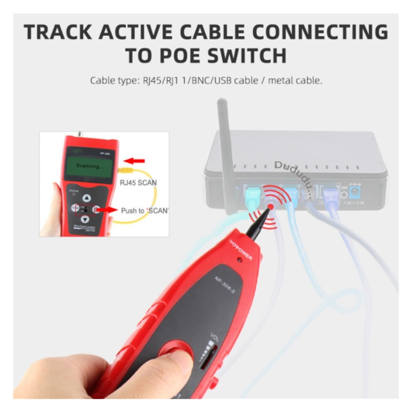 NF-308 Medir La Longitud Del Cable LAN De Red Prueba Continuidad Rastreador Cables RJ45 RJ11 Probador Ethernet Rojo Diagnósticos Rápidos Precisos(BLUE)