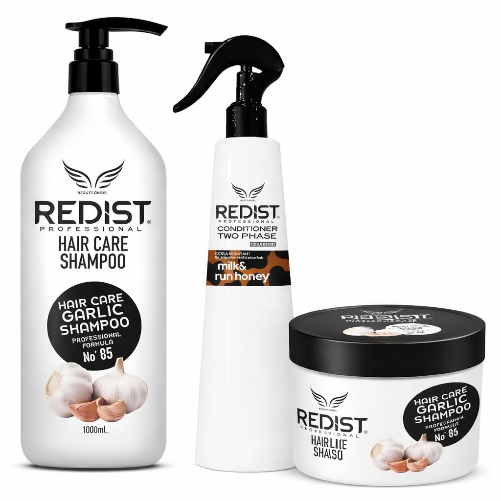 Redist Set de cuidado del cabello con ajo – Champú 1000 ml + Mascarilla 475 ml + 2 Fase Acondicionador 400 ml Milk & Honey | Fórmula anticaída y fortalecimiento | Para cabello seco y dañado