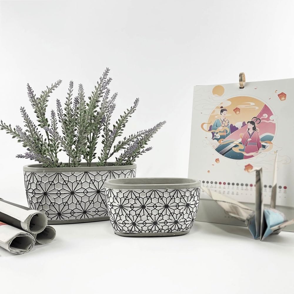 pot de fleur Jardinière rectangulaire en ciment avec pots de plantes à texture florale en relief, avec trou de drainage, récipient for plantes, for la décoration du rebord de fenêtre de la maison cach
