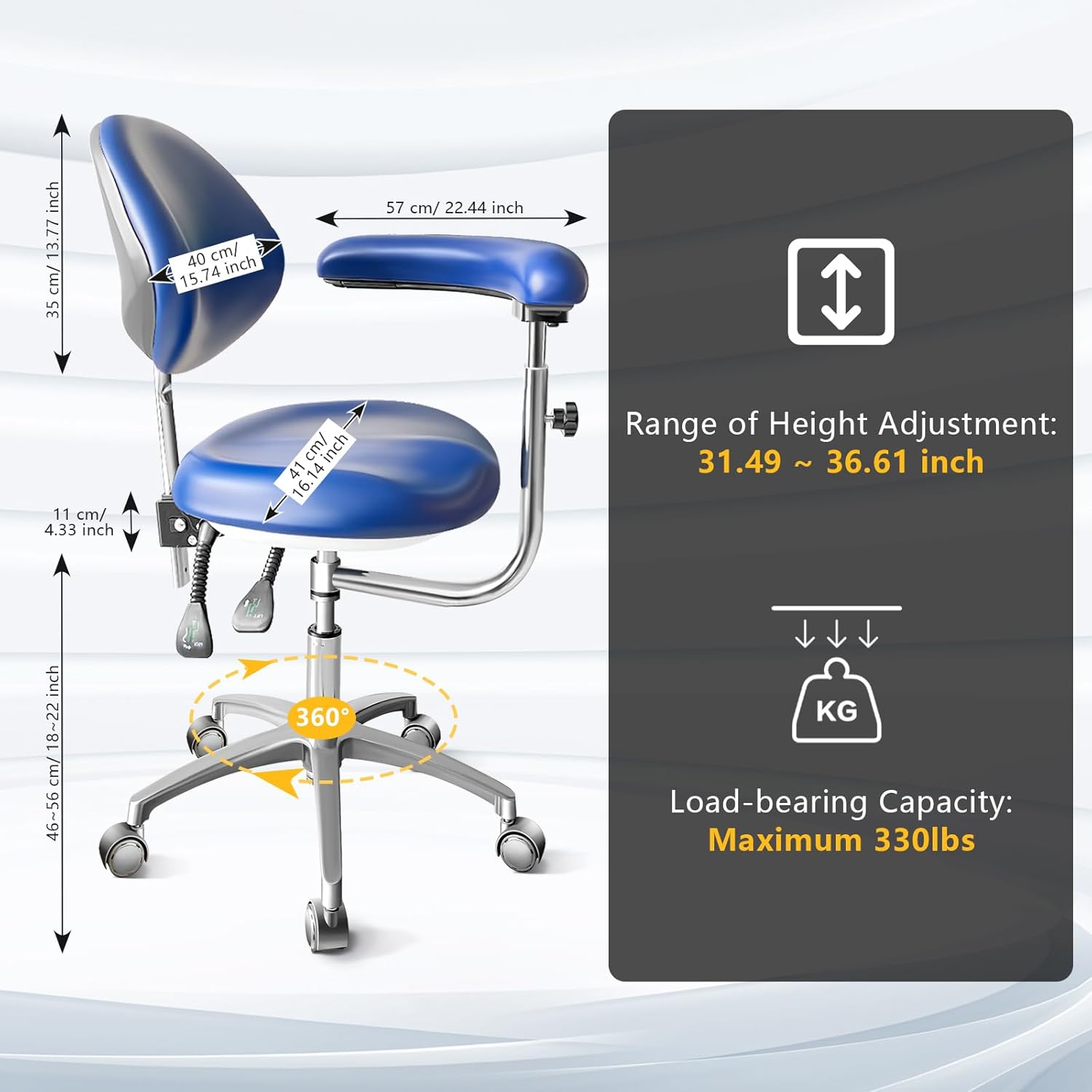 Dental Assistant Chair PU Leather with Swivel Armrests, Rolling Dental Chair, Ergonomic Swivel Dentist's Stool with Backrest for Clinics, Tattoo, Home and Laboratory - Blue