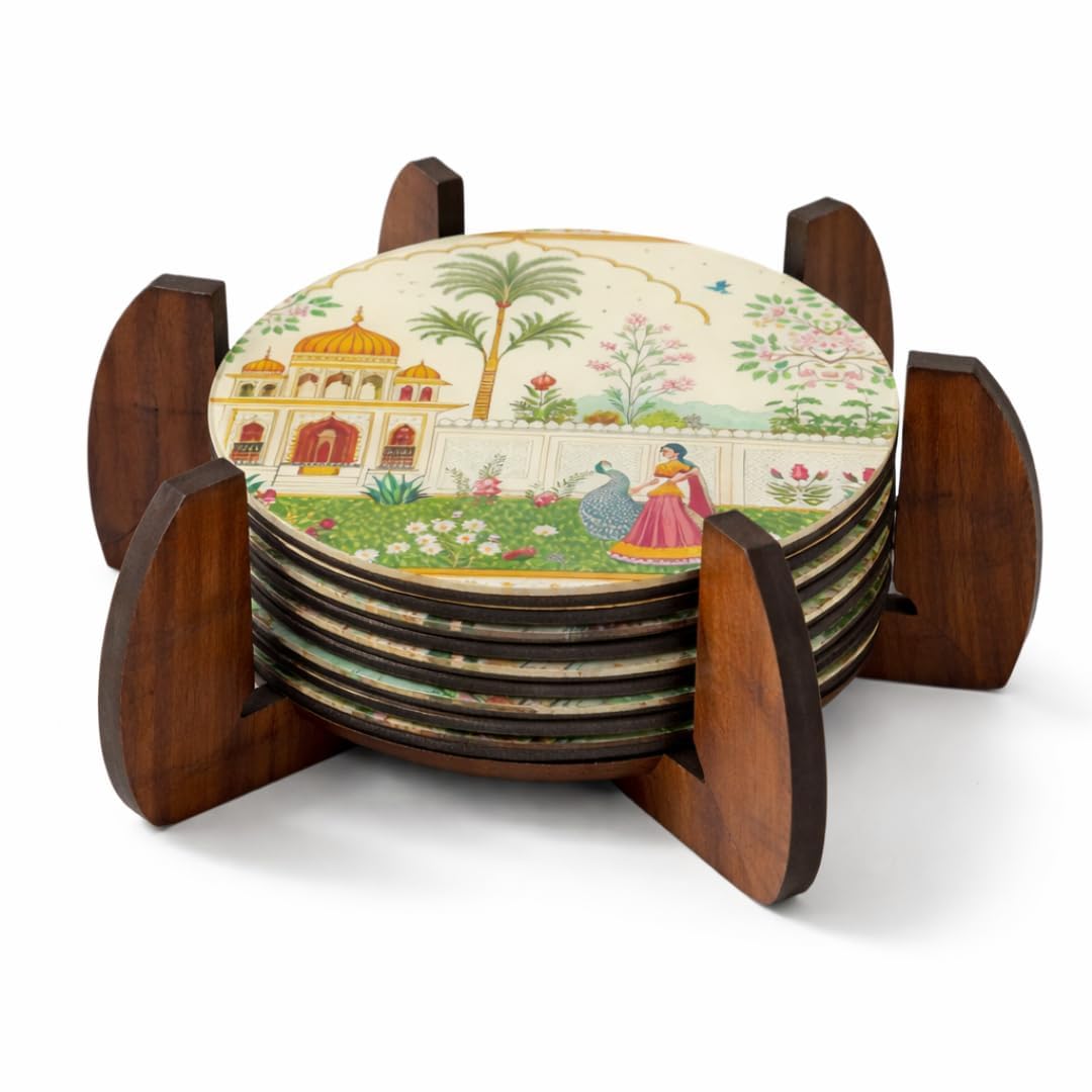 Royal Art Acrylic Round Coaster Set with Wooden Stand | Printed Drink Coasters for Tea, Coffee & Table| Set of 6-picture-15
