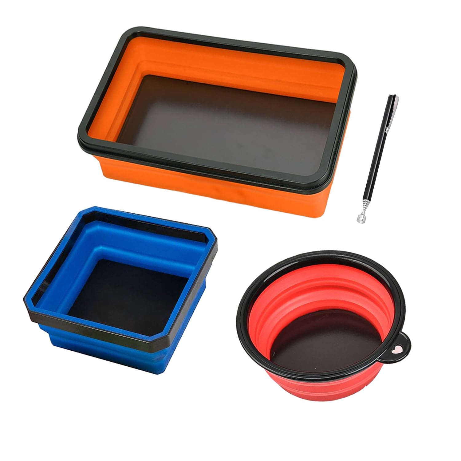 Collapsible Magnetic Parts Tray Set & Flexible Magnetic Pickup Tool, 3 Different Size Magnetic Screw Holder & Pick-Up Sweeper for Screw, Bolts, Nuts, and Other Metal Parts