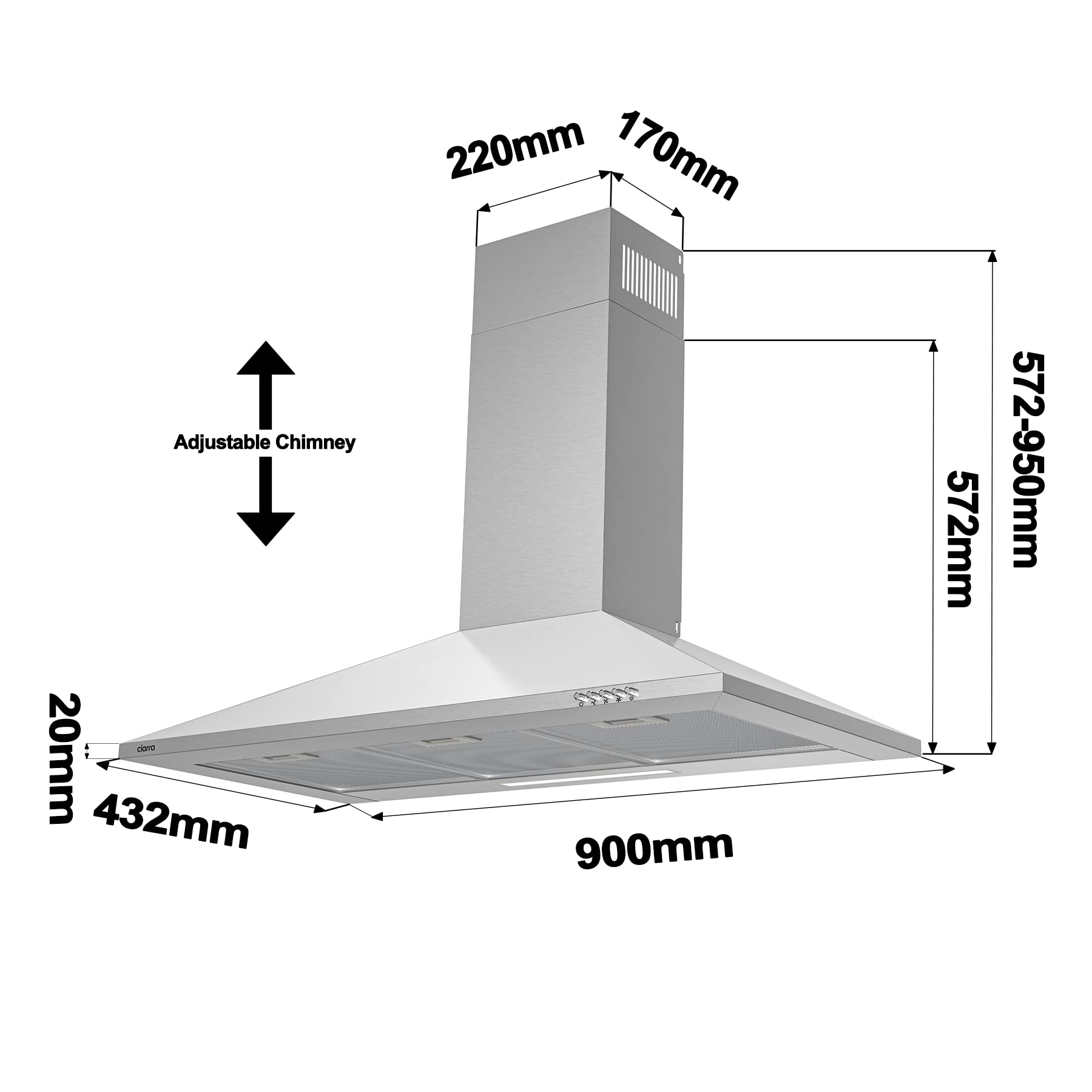 CIARRA CBCS9201 A++ okap kuchenny 90 cm wylotowego 370 m³/h z filtrem węglowym CBCF002X2, 3 poziomy mocy, srebrny, stal nierdzewna, piramida, montaż ścienny, okap kuchenny ścienne