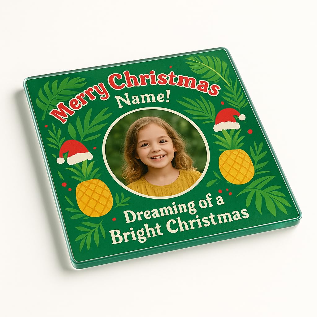 Acrylic Coaster Personalised Photo Gift with Personalised Tropical Yuletide Design - Vibrant Christmas Photo Keepsake for Festive Cheer