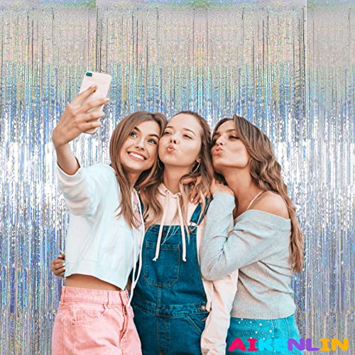 Image of 4 Pack 3.2Ft x 8.2Ft Silver Foil Fringe Curtain Backdrop, Metallic Tinsel Foil Fringe Streamers Curtains Background for Photo Booth, Birthday, Wedding, Disco, Bachelorette, Christmas Party Decoration