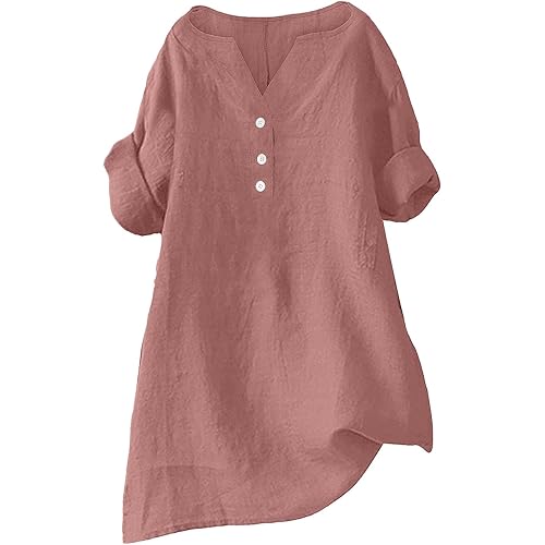 Womens Cotton Linen Shirts 2025 Gauze Short Sleeve V Neck Button Down Tops Vacation Travel Summer Beach Blouse Tunic