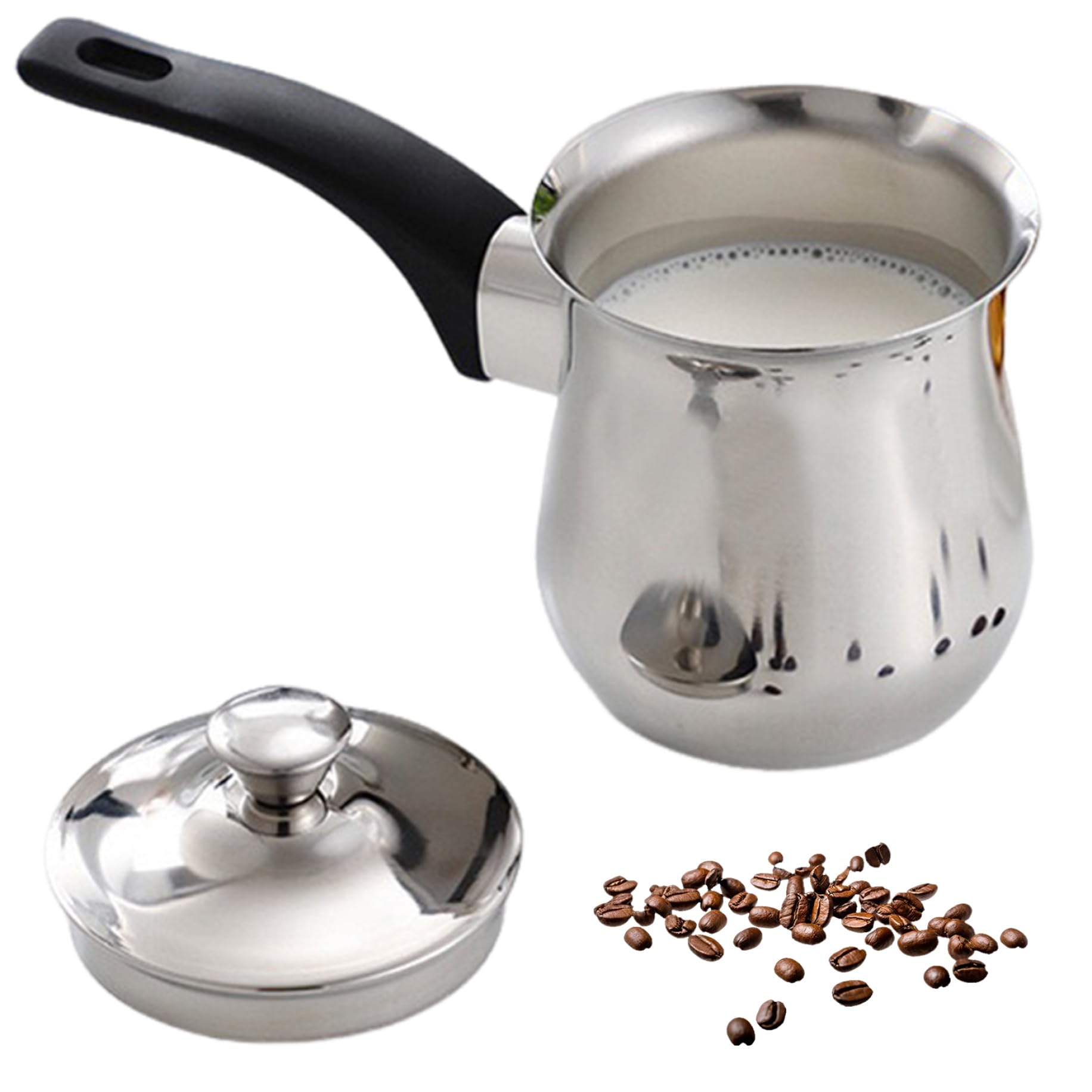 Milchkanne, 180 ml, türkische Kaffeekanne aus Edelstahl mit verbrühungssicherem Griff, einfach zu verwendender arabischer Kaffee mit Deckel für Milchschokoladen-Butterkäse