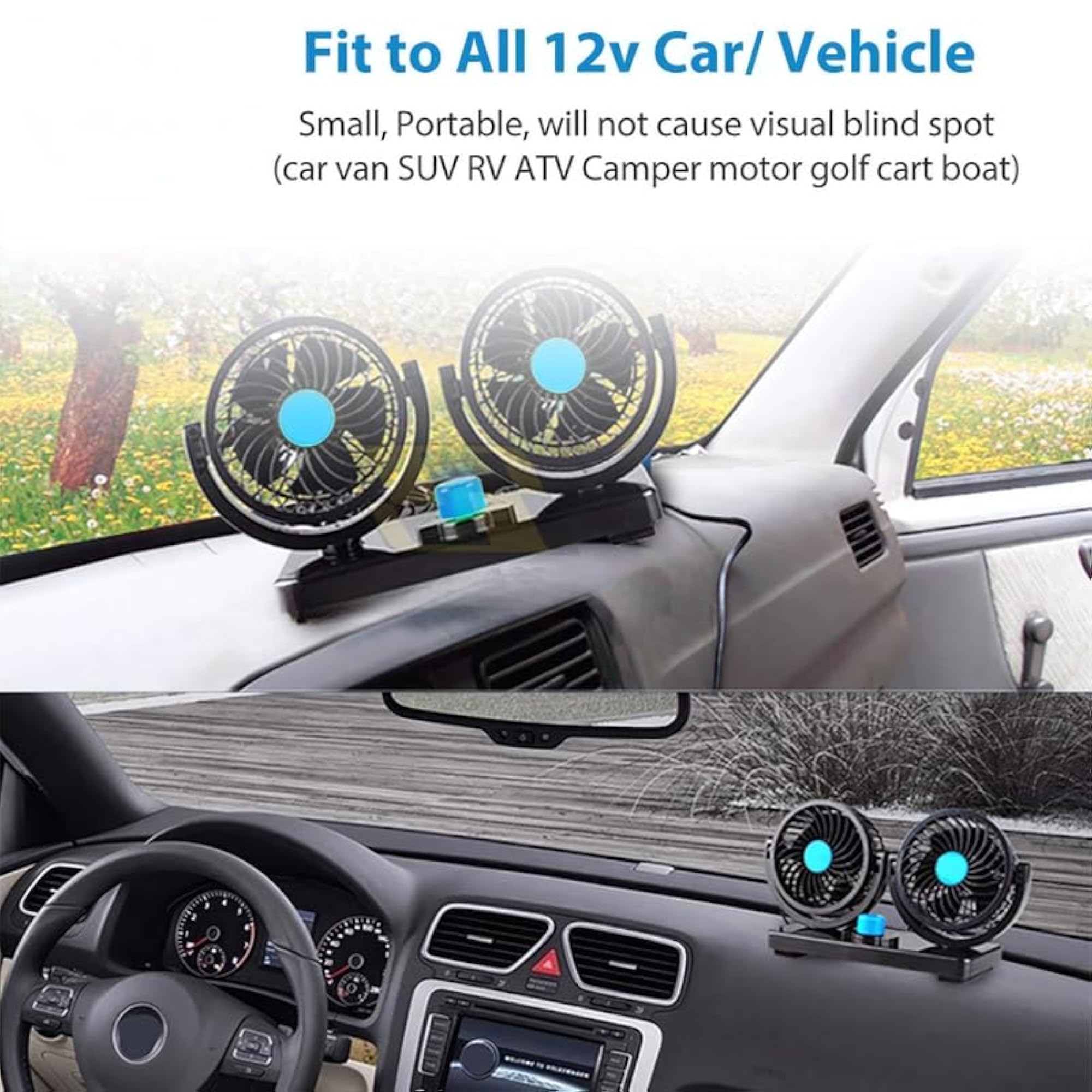 Double Head Cooling Electric Fan for Car Dashboard, 360 Degree Rotatable
