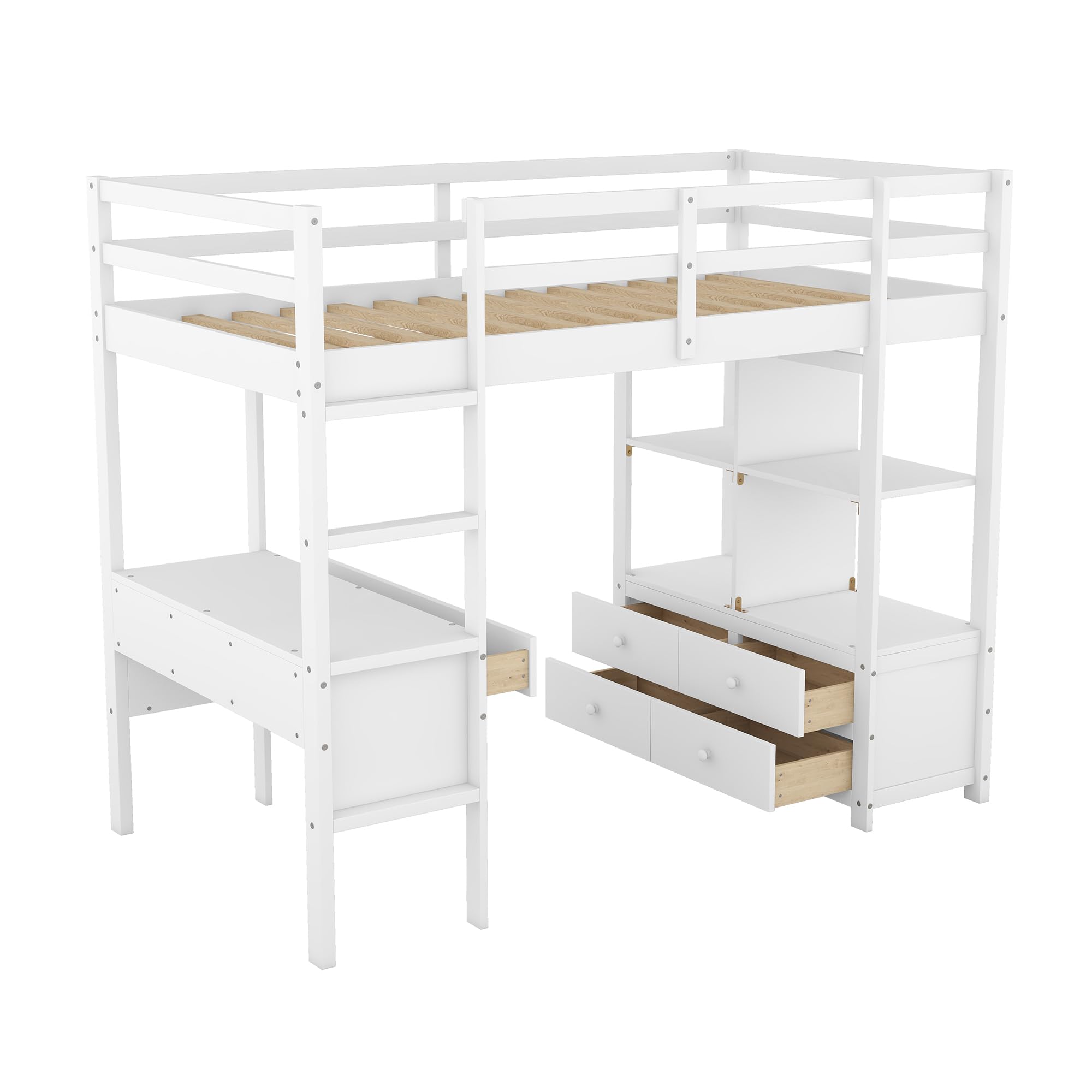 Moimhear Cama Alta Infantil De 90 X 200 Cm, Con Escritorio Multifunción Integrado Y Escalera, Color Blanco