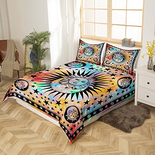The Sun And Moon Comforter Cover Exotic Bohemian Bedding Set For Kids Child,Watercolor Tie Dye Duvet Cover Trippy Stars Starry Sky Quilt Cover Queen Size Psychedelic Colorful Boho Room Decor #TOP1