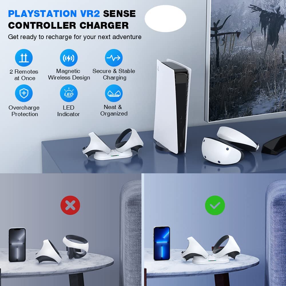 Station de Charge PSVR2,Base de Chargeur pour Manette PS VR2,avec Deux Ports De Charge Rapide,2 Interfaces Magnétiques,avec Voyant LED,pour Accessoires Contrôleur PS VR 2,Blanc
