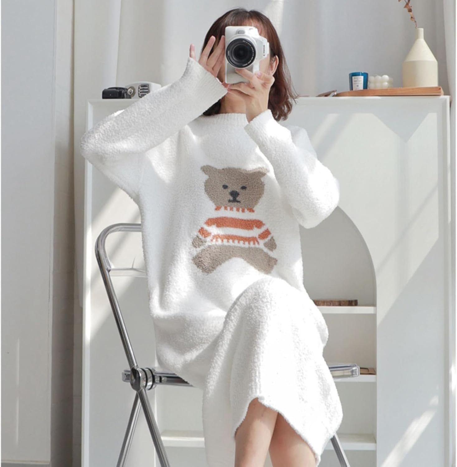 ネグリジェ 厚手 レディース ネグリジェ 秋冬 もこもこ パジャマ クマ柄 ボアフリース 可愛い ロング Tシャツ 長袖 大きいサイ