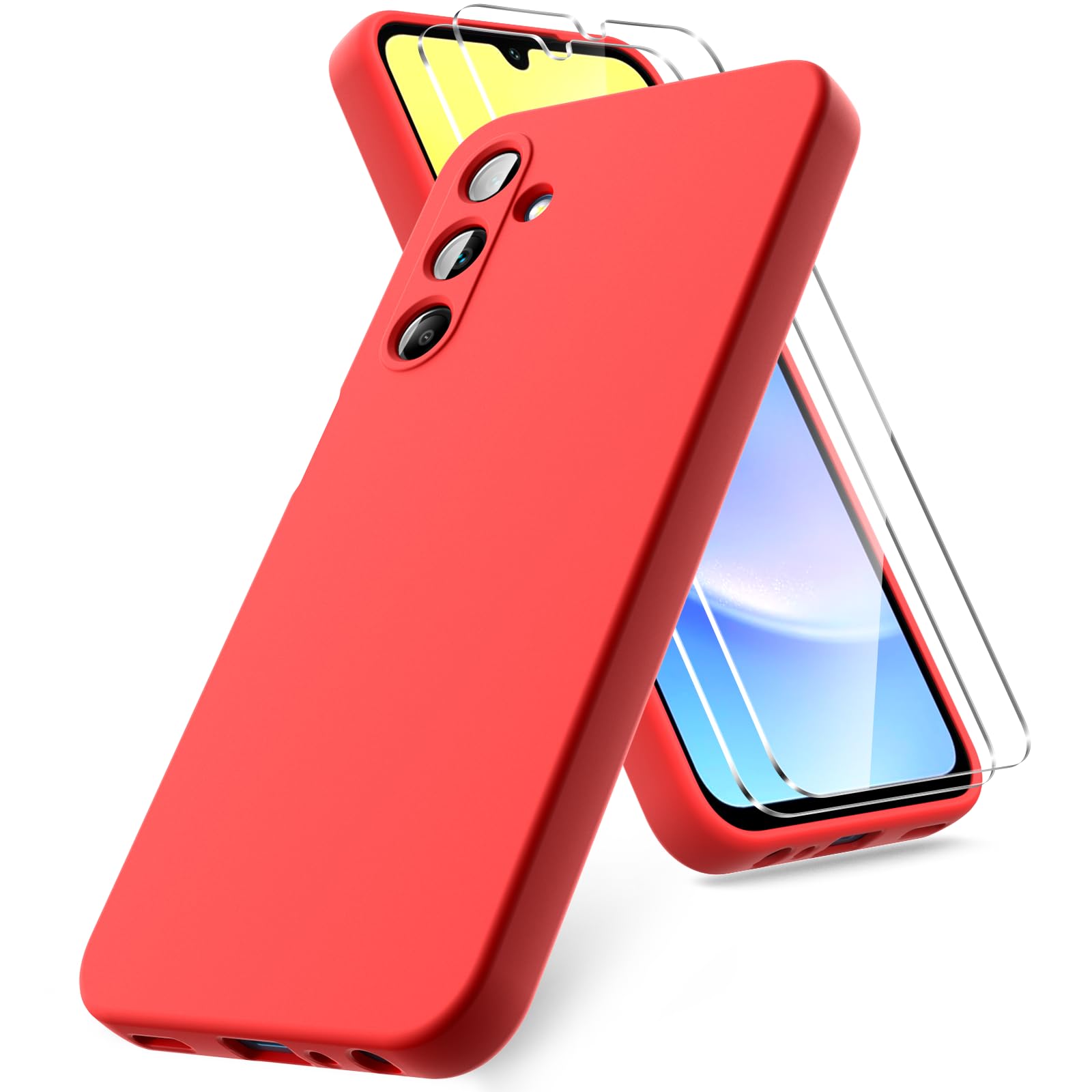 Vansdon Cover Compatibile con Samsung Galaxy A25 5G, 2 Pellicola Protettiva in Vetro Temperato, Gomma Gel di Silicone Liquida Antiurto Custodia - Rosso