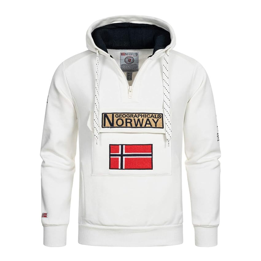 Geographical Norway Mens Felpa con cappuccio, Felpa con mezza cerniera e marsupio, Felpa con cappuccio a maniche lunghe, produzione casual di BANS per il tempo libero, bianco, S