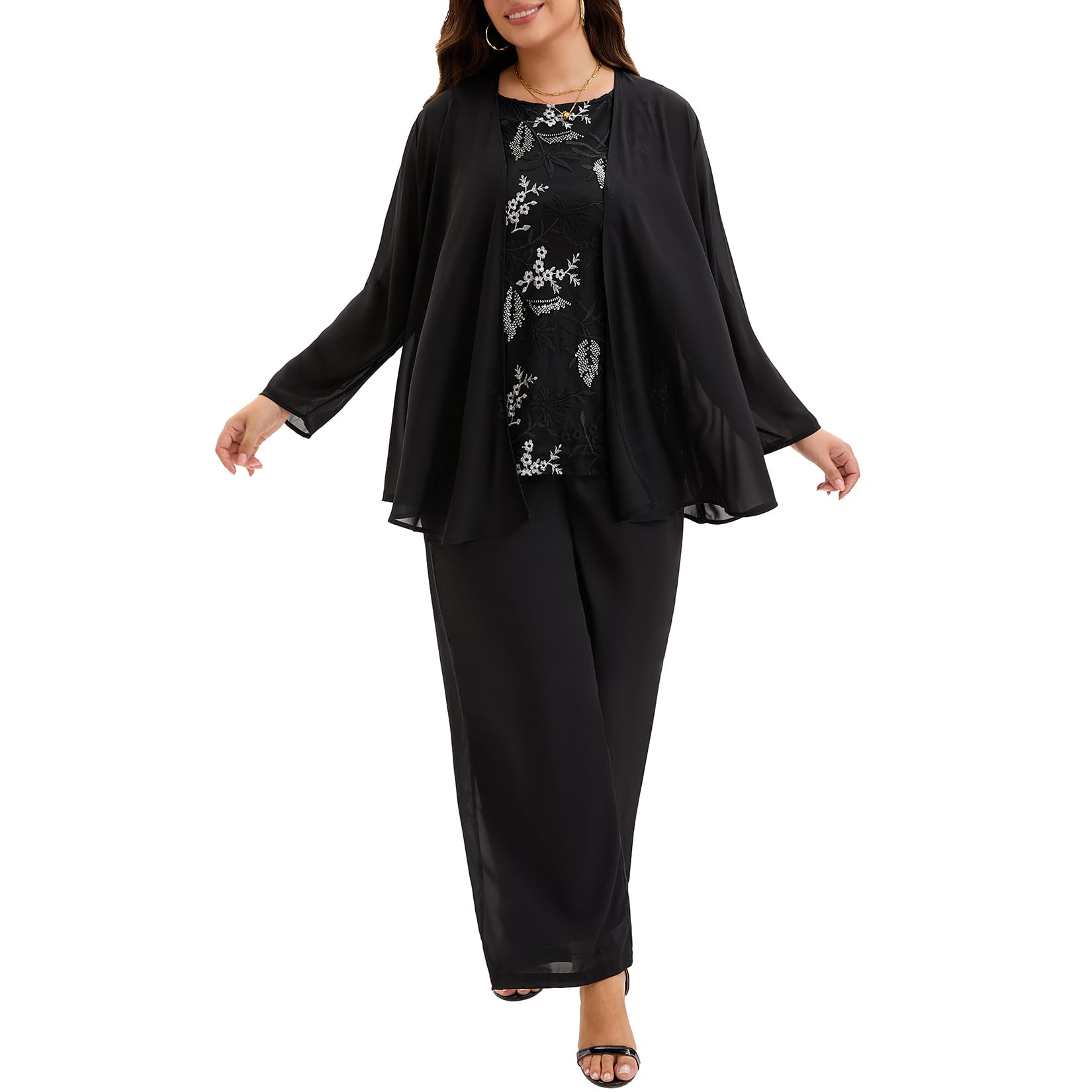 Plus Size Mother of The Bride Pant Suit 3 Piece Lace Set with Sequin Tank Elegant Wedding Guest
