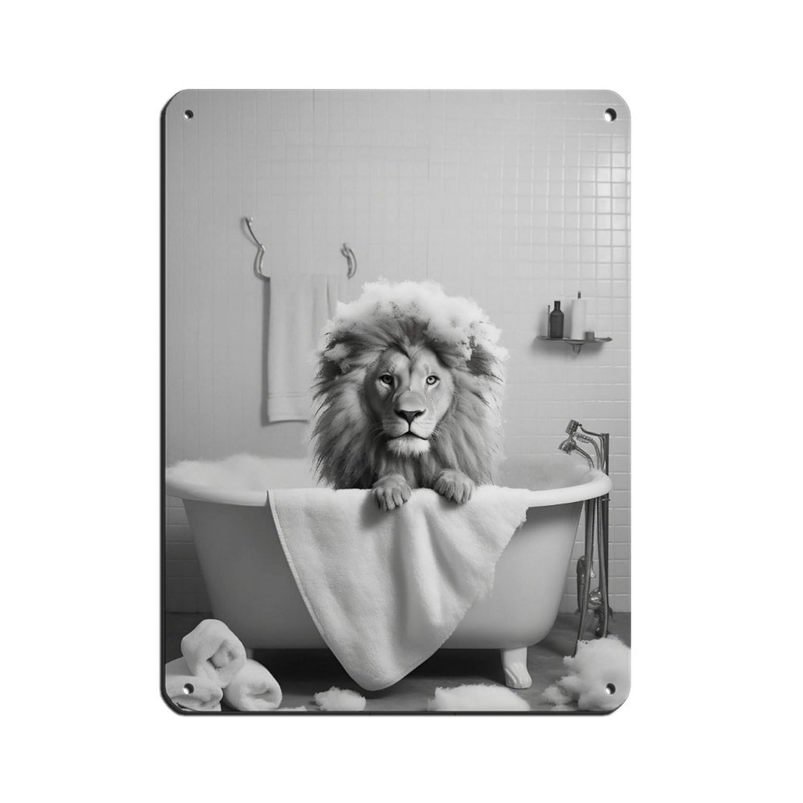 Adorable Lion in Tub Bathroom Art Poster Tin Sign Vintage Metal Pub Club Cafe Bar Home Wall Art Decoration Poster Retro 12x16inch(30x40cm)