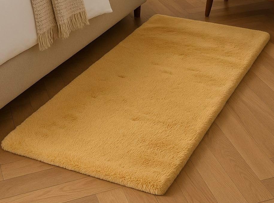 Image of Adorn Supersoft Rabbit Fur Bedside Runner Rug, 60 * 140cms Anti-Skid Backing (Mustard)
