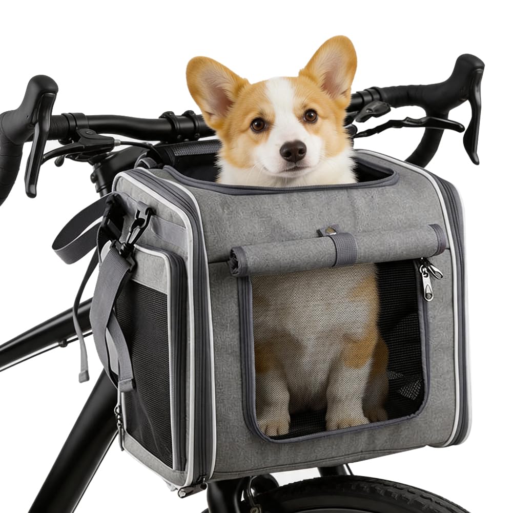 Kosz rowerowy dla psa z przodu do 10 kg, składany, oddychający kosz rowerowy dla psa, rozszerzalny plecak dla psa, z 4 otwartymi drzwiami, okienkiem z 4 siateczki, dla małych szczeniaków