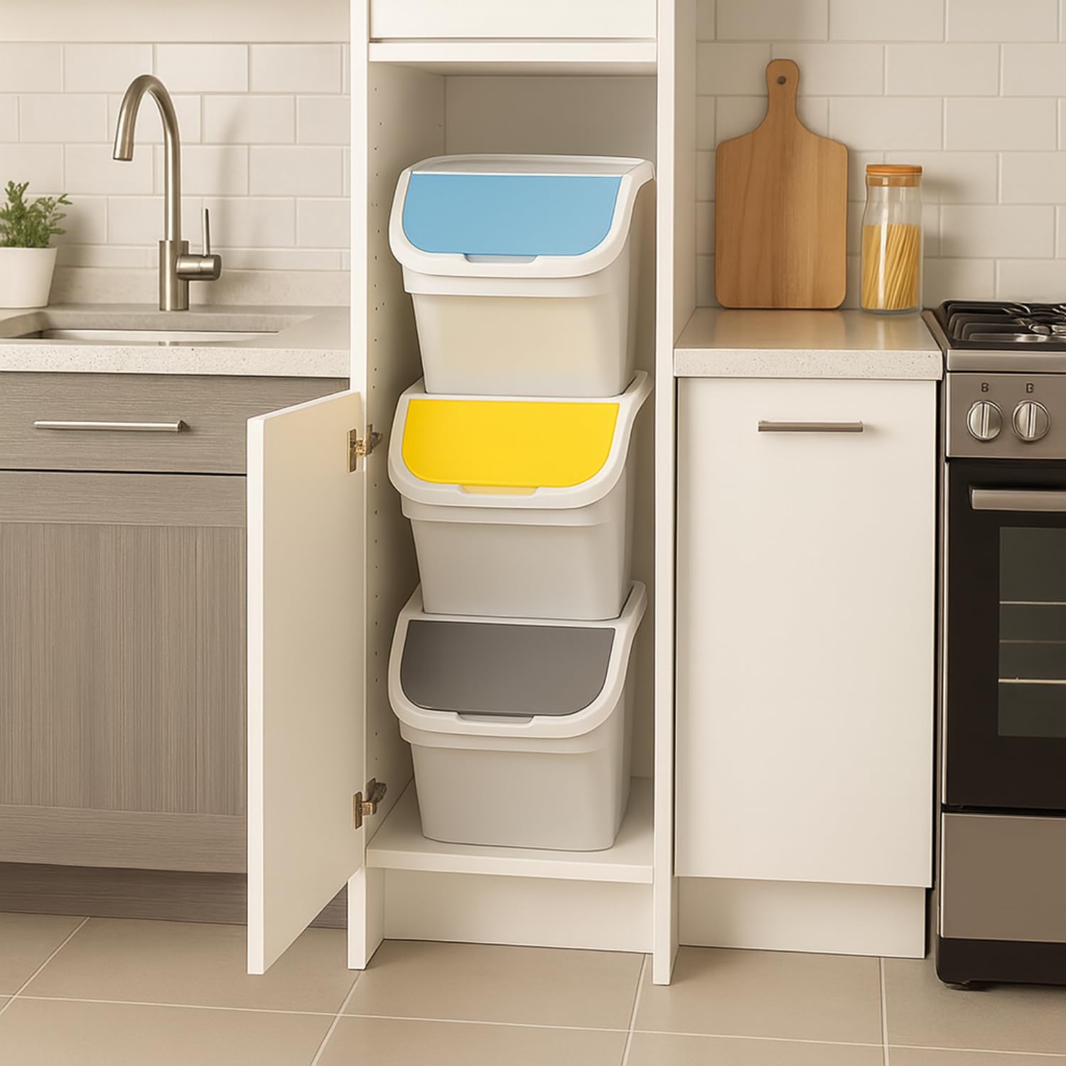 PALUPLUS Set 3 Pattumiere a Torre Bianche per Raccolta Differenziata, misura 40x30x34 cm, Capacità 25 Litri, Bidoncini Spazzatura Impilabili con Maniglia, Colori Giallo, Grigio e Azzurro -1235C -3,48
