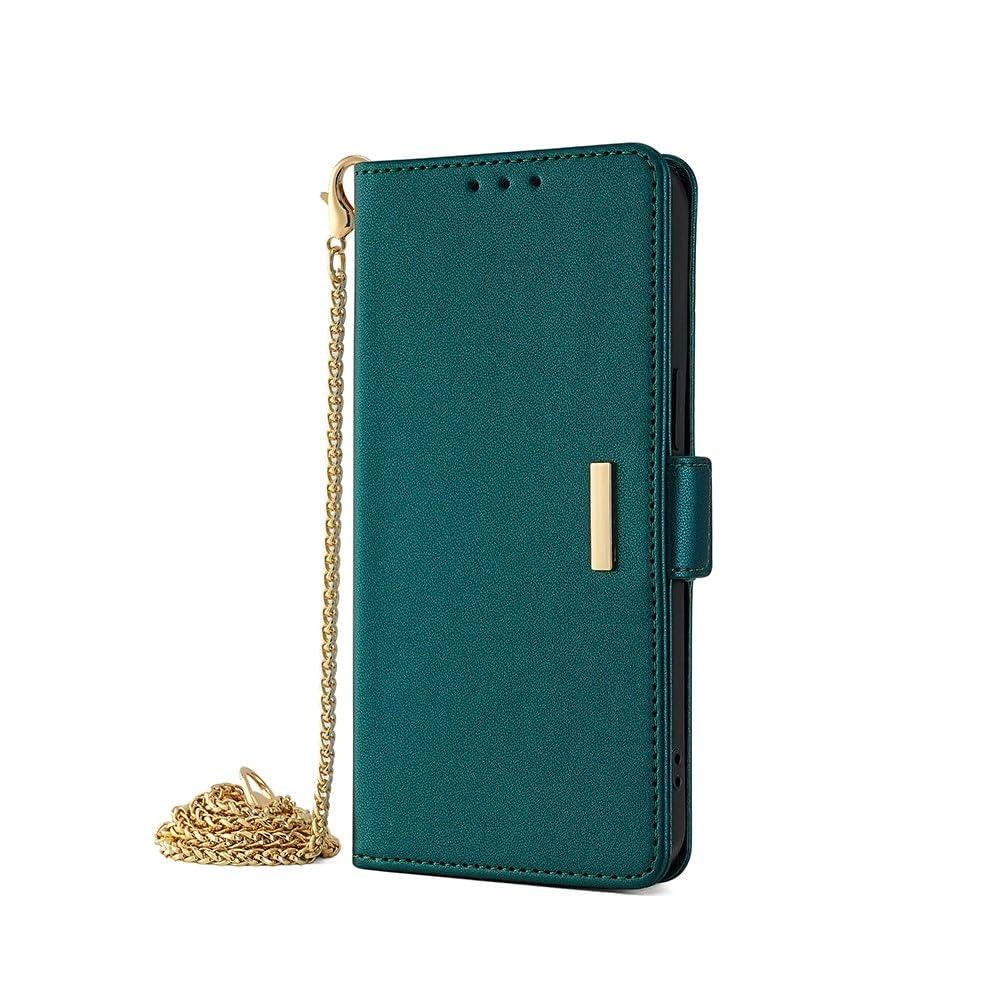 Étui en cuir vert de qualité pour iPhone 12 Pro Max avec rabat et chaîne
