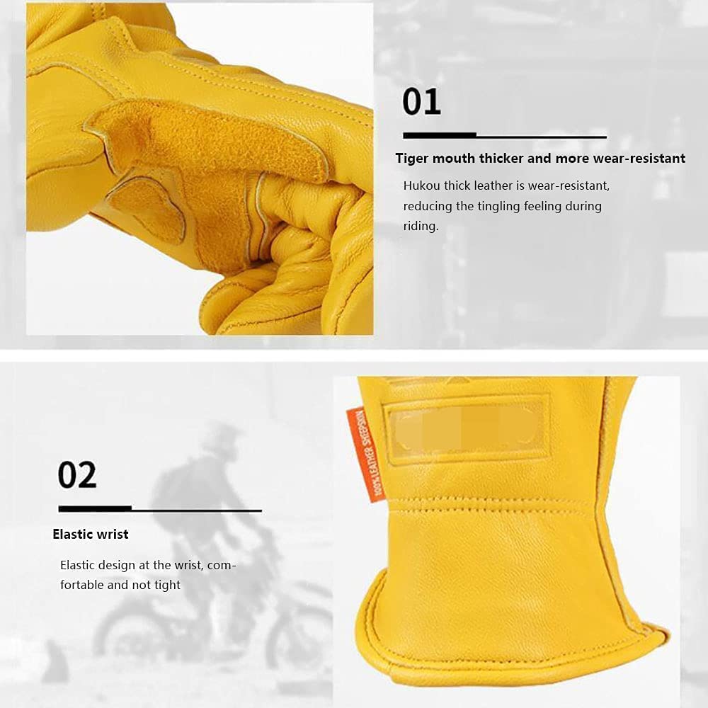 Habiba Mitones Guantes Retro de Piel de Oveja, Guantes de Mujer para Hombre para Ciclismo, conducción y equitación, Guantes de Dedo Completo para Motocicleta Ross-Country, Amarillo Útil