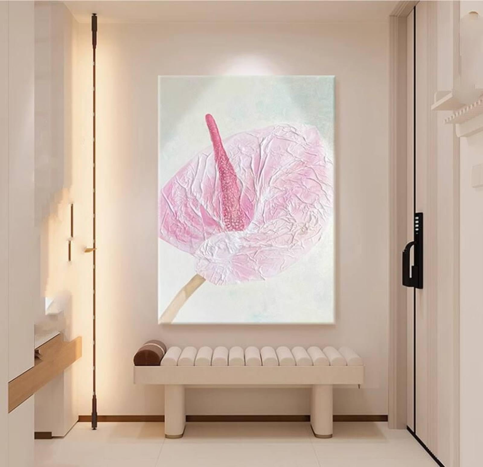 Tableau abstrait pour réchauffer un mur blanc avec une peinture à l'huile rose 3D