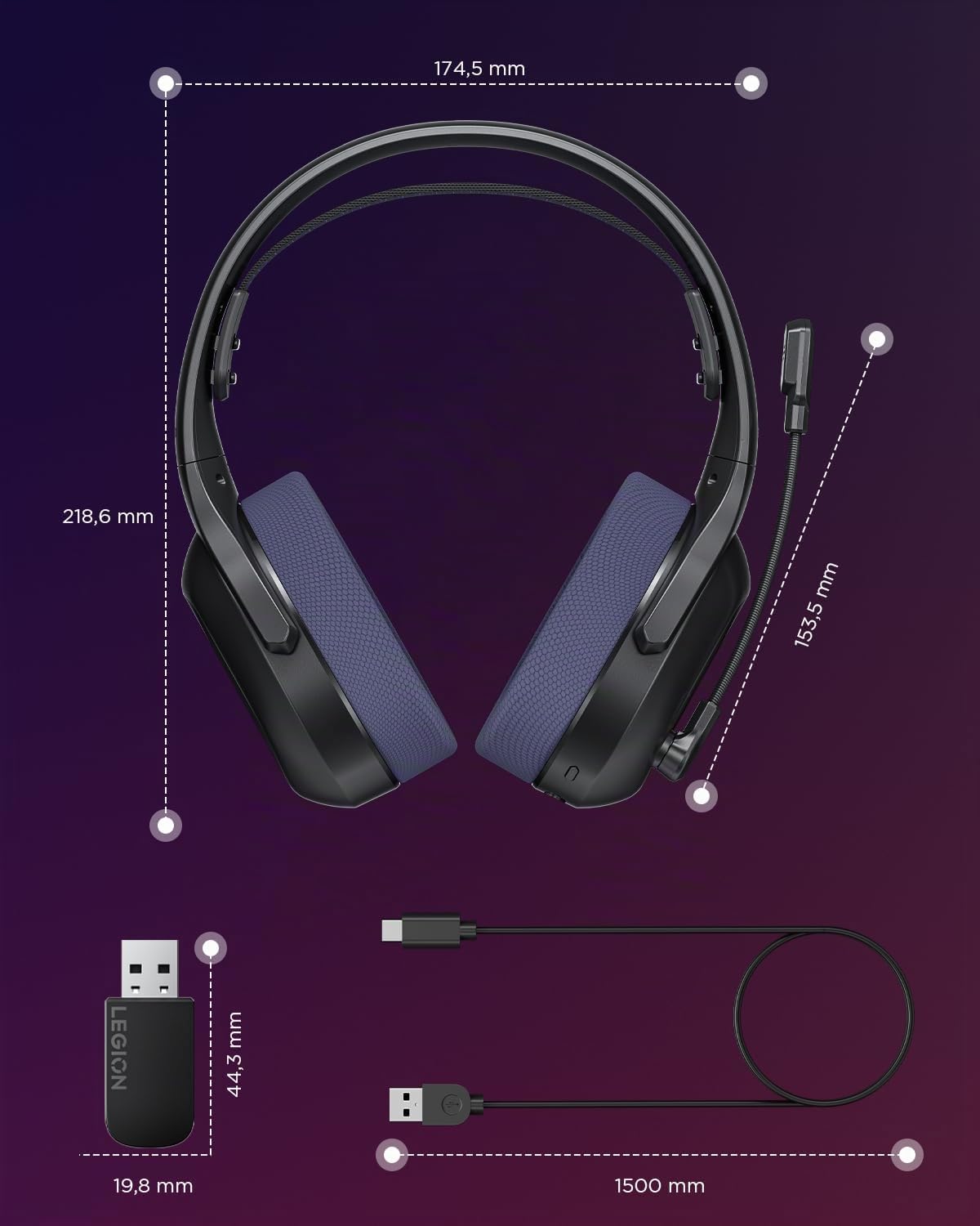 Lenovo Legion H410 - Auriculares Inalámbricos Gaming (Giratorios 90°, Ajustables, Receptor USB-A, BT 5.2, Compatible con PC, Legion Go Series, Otras Consolas) Negro