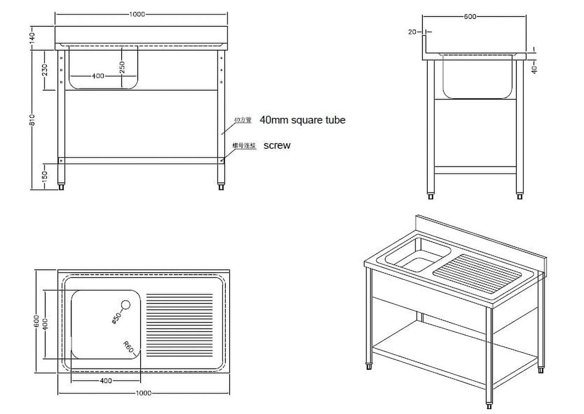 GastroHero Lavello da 100 x 60 cm, in acciaio inox, con lavello sinistro, in acciaio inox con base