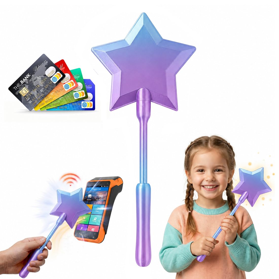 ARHZ 1Pc Credit Card Wand, 3D Printed Magic Wand Contactless Payment Card Holder, Tap to Pay Star Fairy Wand for Kids Teens Adults, Cosplay Prop for Magicians Performers