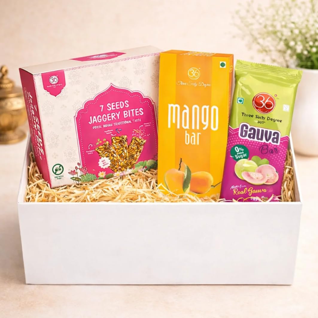 Three Sixty Degree Fit & Fab Combo | 7 Seeds Mix & Jaggery Bites with Zero Sugar Mango & Guava Fruit Bars | Healthy Snack Hamper for Fitness & Office Munching-image-13