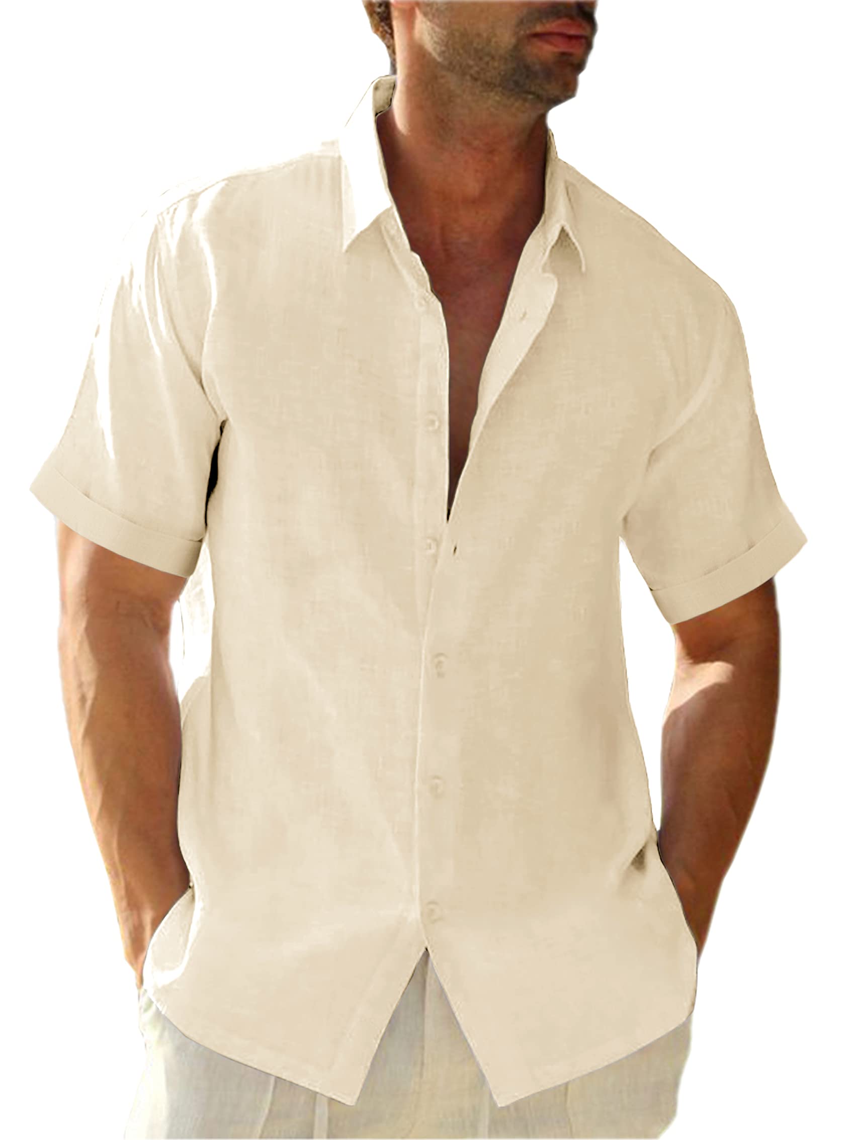 Runcati Camisa de lino para hombre, camisa de verano de manga corta, camisa casual, camisa de verano, camisa de playa, camisas de negocios para hombre