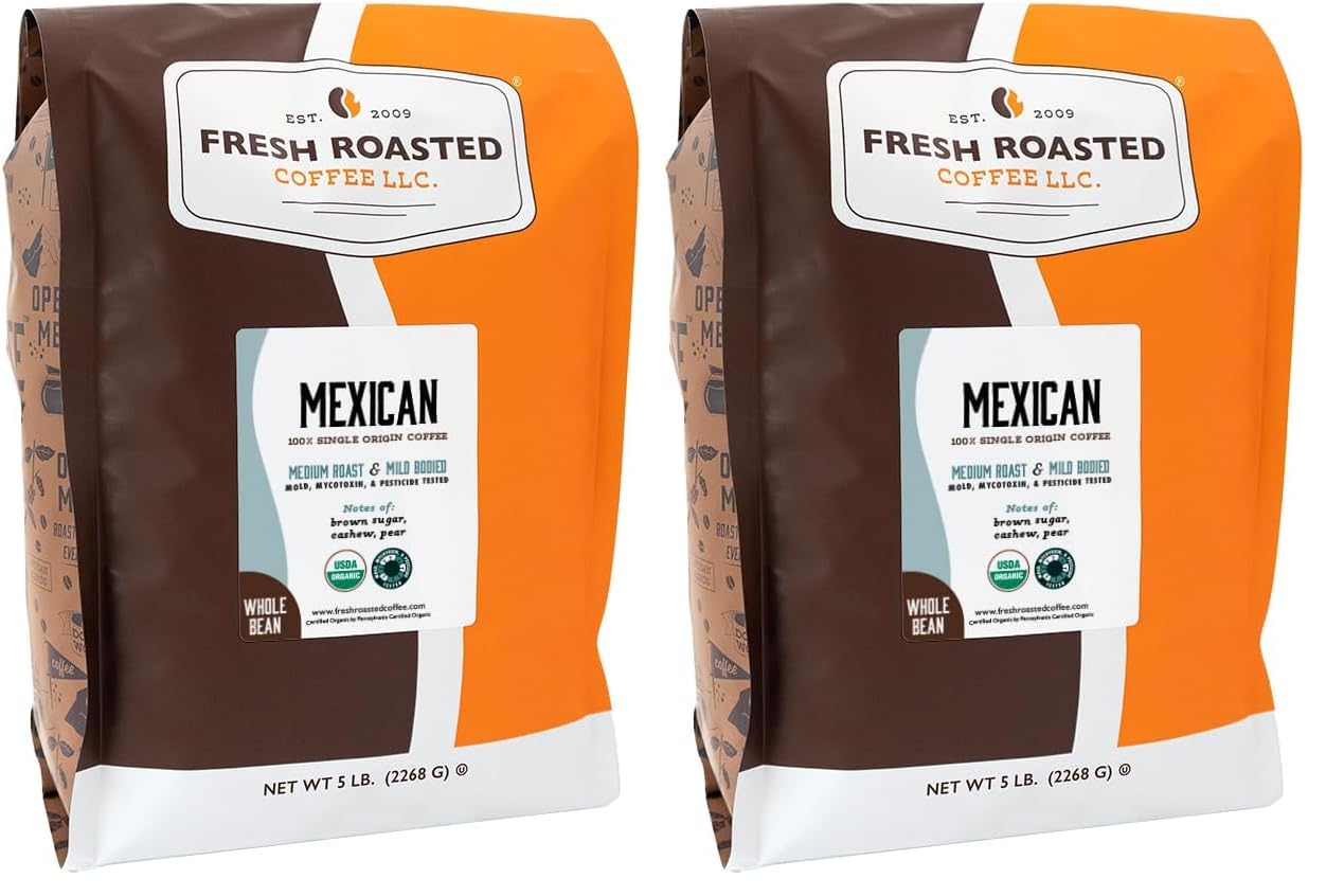 Fresh Roasted Coffee, Organic Mexican Whole Bean Coffee, Medium Roast, USDA Organic, 3rd Party Tested for Mold, Mycotoxin & Pesticides, Kosher, 5 lb (80 oz) (Pack of 2)