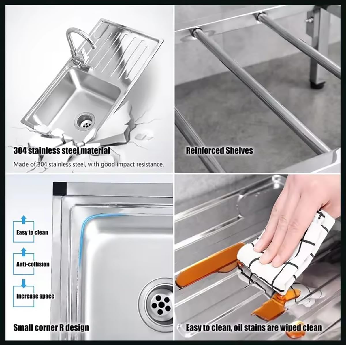 Fregadero de acero inoxidable 304, fregadero pequeño independiente con grifo y patas de banco de trabajo, fregaderos comerciales de un solo recipiente para garaje, restaurante, lavandería
