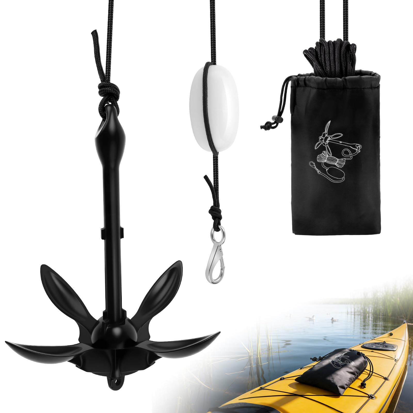 Ancoraggio pieghevole per barche, 1,59 kg, set di ancoraggi pieghevoli con corda di ancoraggio da 12 m, per gonfiabile, barca, SUP, paddle