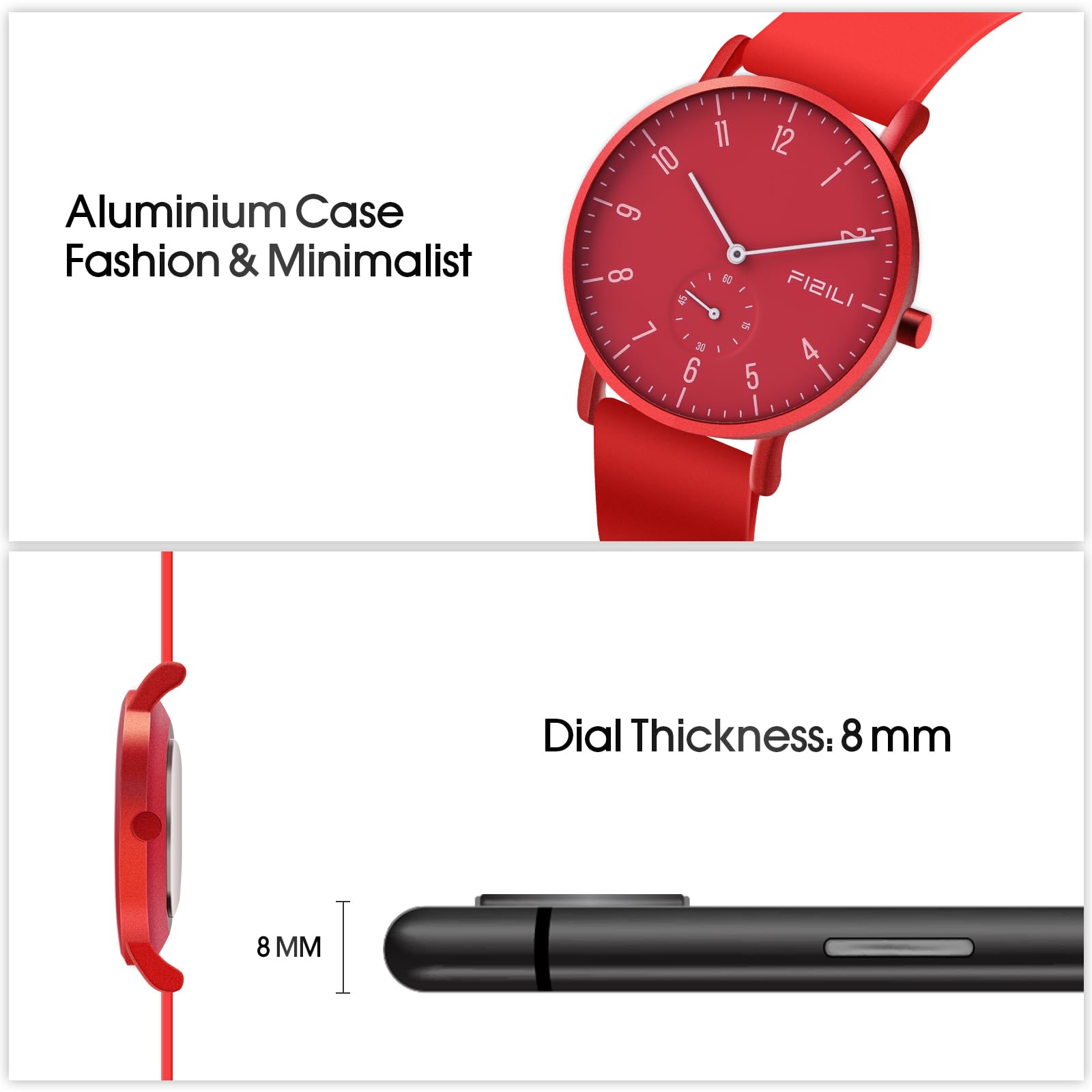 Orologio da polso da uomo, ultra sottile, minimalista, impermeabile, alla moda, per uomo o donna, con cinturino in silicone, 1100, rosso e bianco