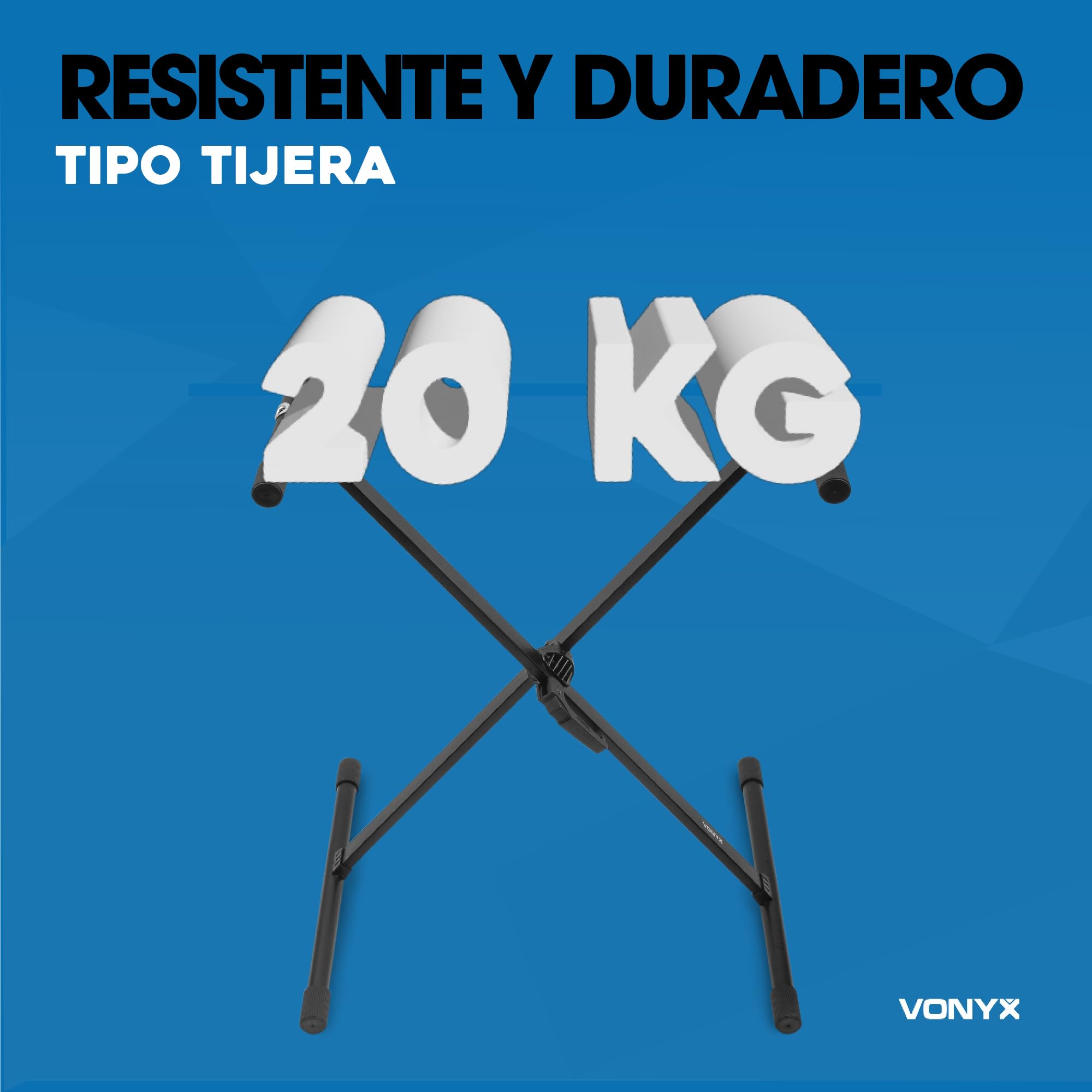 Vonyx KBS03 Soporte de teclado de piano con forma tijera X - Altura ajustable, plegable y portátil, acero resistente, gomas antideslizantes - Idóneo para músicos en el escenario, de viaje o en casa.