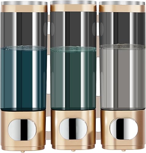 Miniatura 1 de Pollock Dispensador de ducha  Champú de 3 cámaras sin taladro, acondicionador, dispensador de gel corporal para baño, gran capacidad, dorado