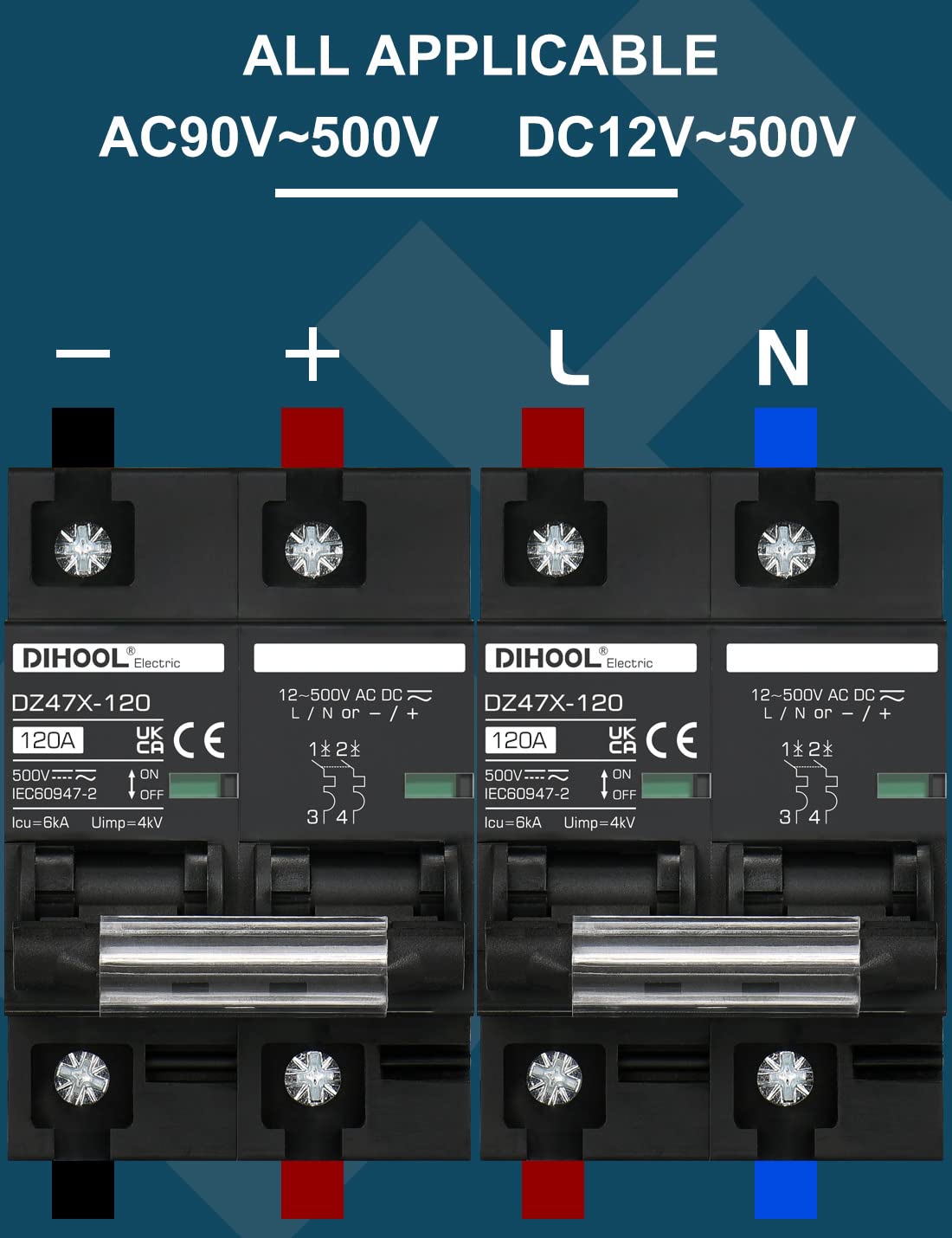 DIHOOL Wyłącznik DC 12V 24V Solar PV Bezpiecznik fotowoltaiczny automatyczny (DC500V,2 Pole 125A)