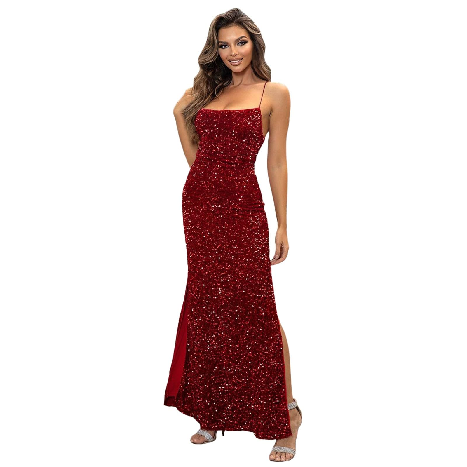 Robe à paillettes pour femme - Robe de soirée - Robe de mariée - Robe de fête élégante - Sans manches - Col rond - Robe portefeuille vintage rockabilly - Costume de carnaval