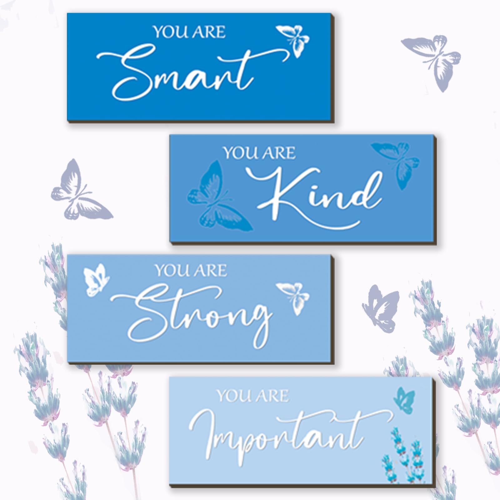 FENCORDAR 4 Pcs Butterfly Wall Decor Girls Room Decor Wooden Blue Wall Decor Positive Butterfly Wall Art Prints Inspirational Gift for Teen Girls