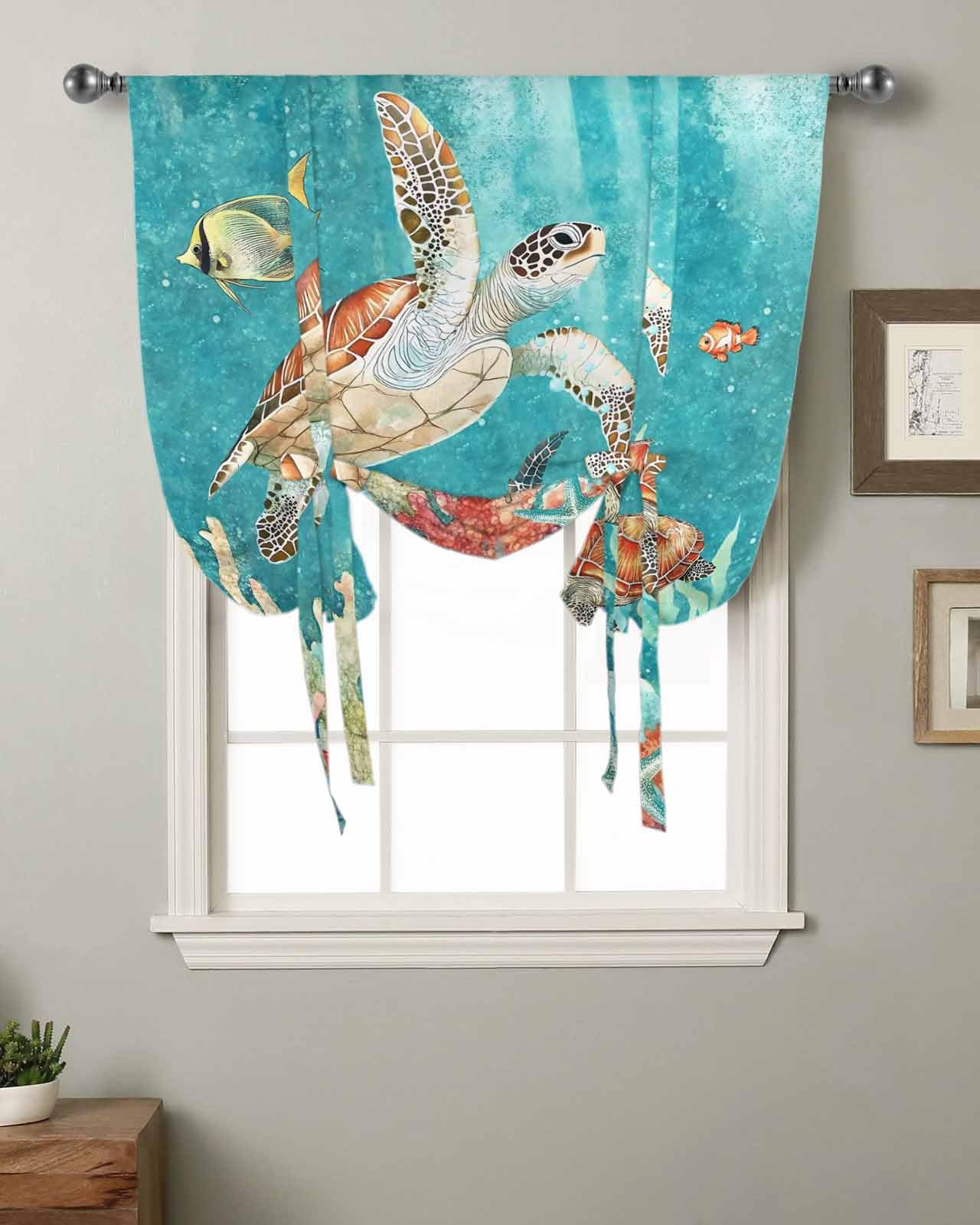 Tie Up Curtains for Kitchen Windows,Retro Watercolor Ocean Turtle Coral Fish Adjustable Balloon Shade Curtain Panel Rod Pocket Drapes for Small Window Decor 34