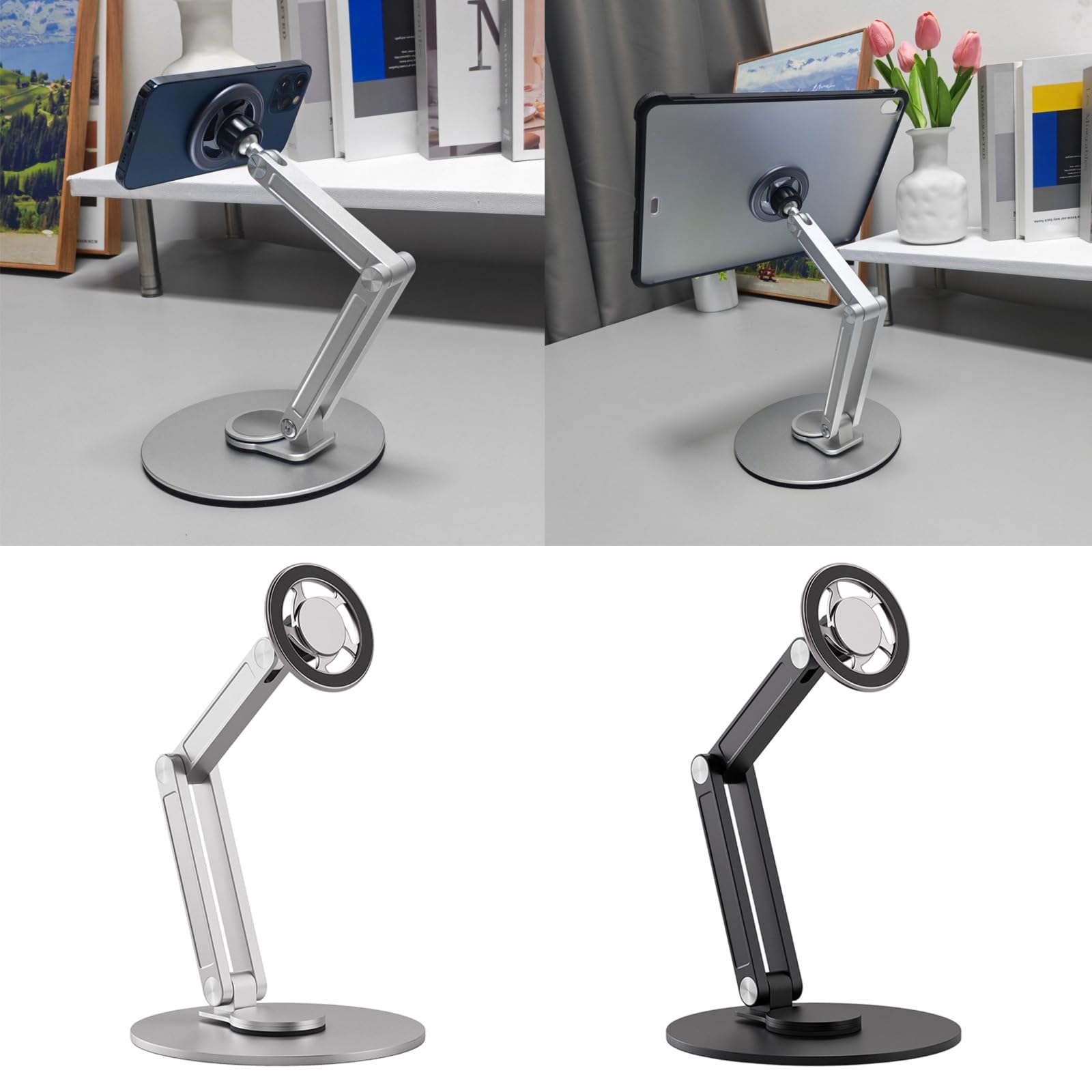 Supporto per telefono in alluminio, girevole a 360°, Silver | Supporto magnetico per telefono in alluminio con regolazione in altezza per tablet e smartphone