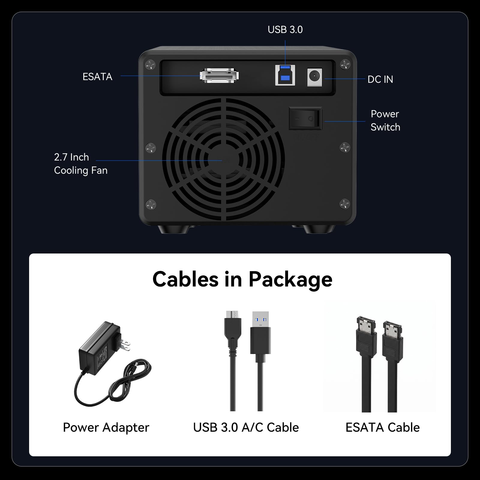 CENMATE Boîtier de disque dur en aluminium à 3 baies avec ventilateur de refroidissement pour disque dur SATA HDD/SSD de 2,5"/3,5" avec câble USB A/C 3.0 + eSATA, compatible avec remplaçable à chaud