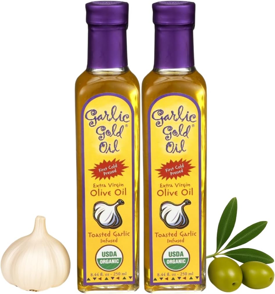 Garlic Gold Extra Virgin Olive Oil Infused with Garlic, Premium Certified USDA Organic, Low FODMAP, Cold Pressed (250 mL, 2 Pack)