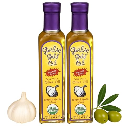 Garlic Gold Aceite de oliva virgen extra infundido con ajo, certificado orgánico USDA premium, bajo FODMAP, prensado en frío (8.5 fl oz, 2 unidades)