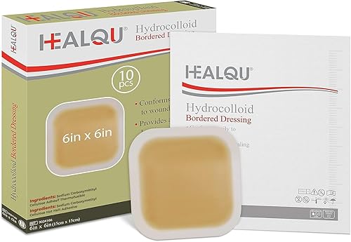 Healqu Apósito hidrocoloide para heridas Caja de 10 vendas grandes de 6 x 6 pulgadas Parches hidrocoloides con borde esterilizado para úlceras de